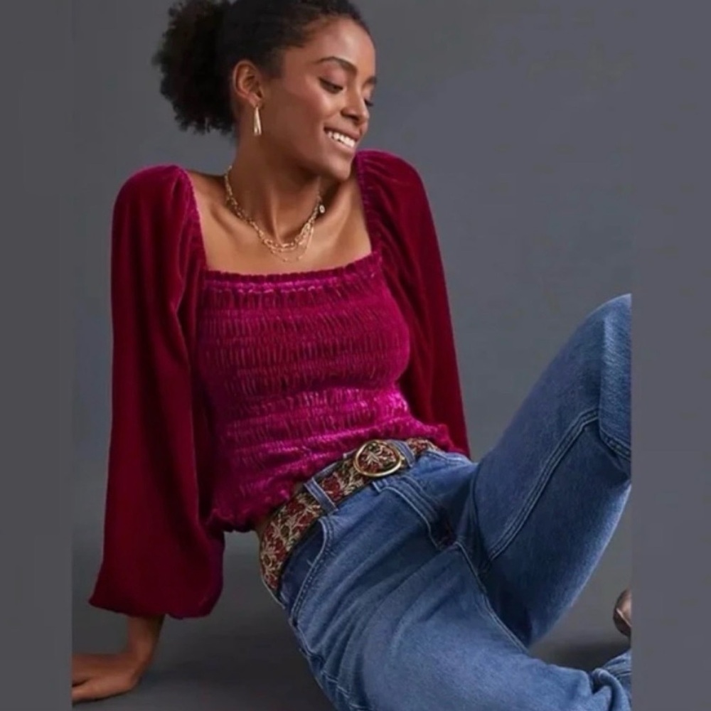 Anthropologie Deep Red Smocked Blouse